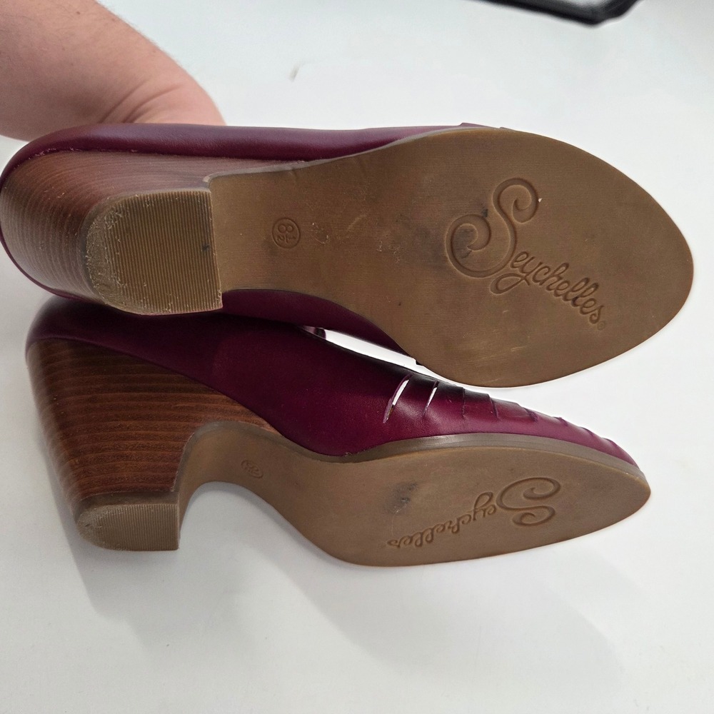 Seychelles Duchess 8.5 Plum Purple Leather Peep-Toe T-Strap Heels Stacked Heels - Picture 4 of 6